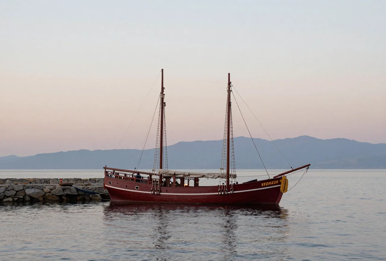 Ein hölzernes antikes Segelschiff verlässt bei Tagesanbruch einen steinernen Hafen, ruhiges Meer und ferne Berge