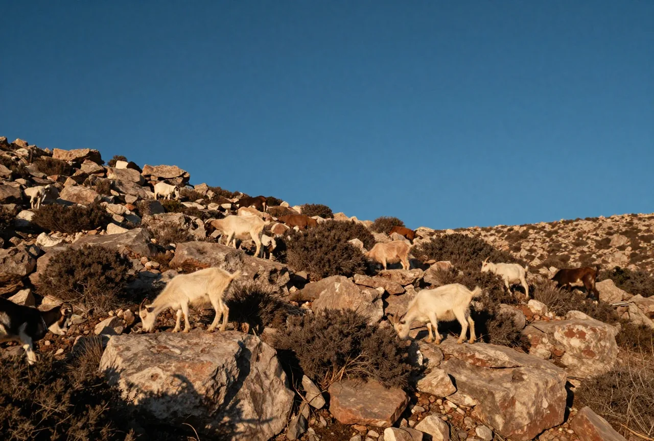 Eine trockene felsige Berglandschaft auf einer Mittelmeerinsel mit grasenden Ziegen zwischen niedrigen Sträuchern