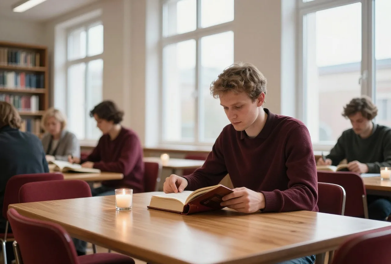 Ein Mann um die dreißig sitzt im ruhigen Lesesaal einer Bibliothek an einem langen Eichentisch im Nachmittagslicht
