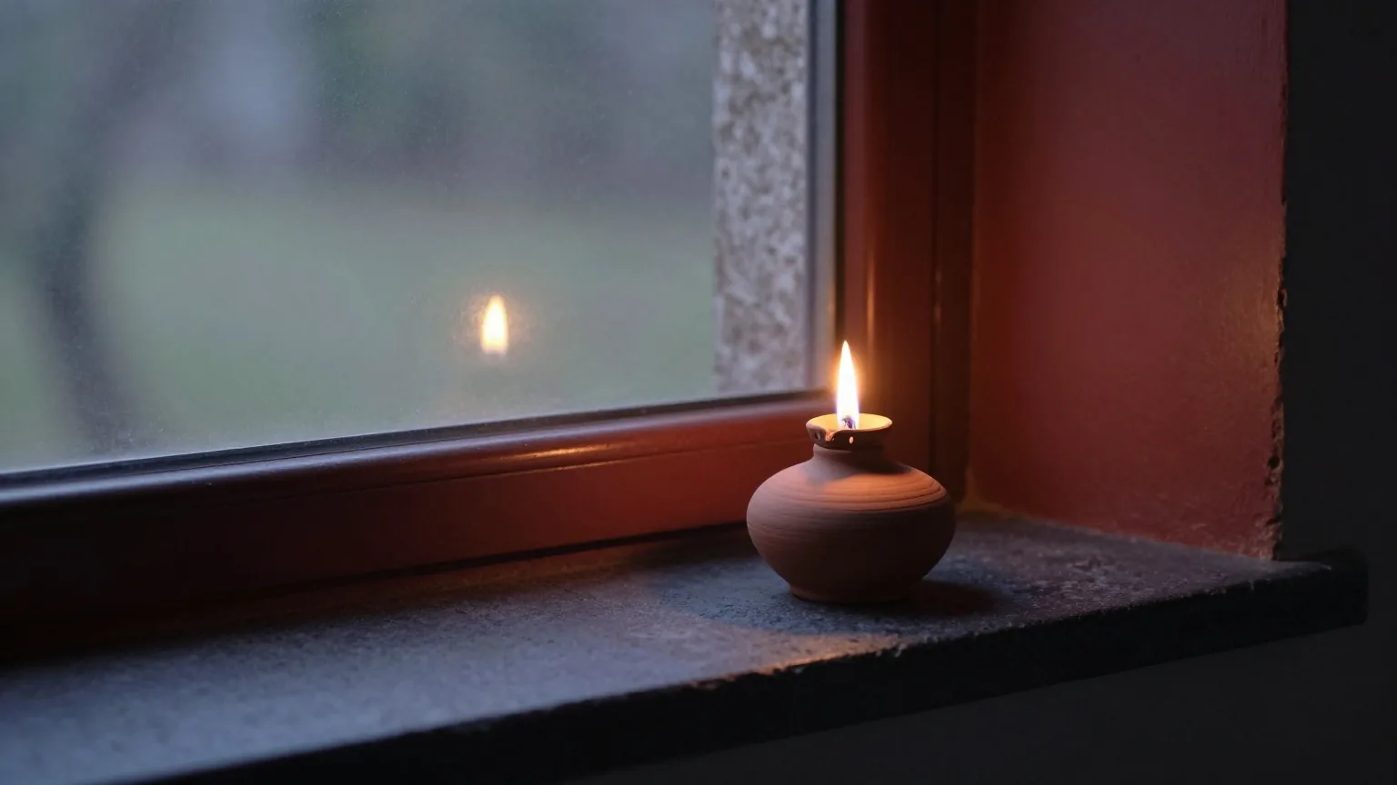 Eine kleine Öllampe aus Ton leuchtet in der Dämmerung auf einer dunklen Fensterbank aus Stein und erhellt einen dämmrigen Raum