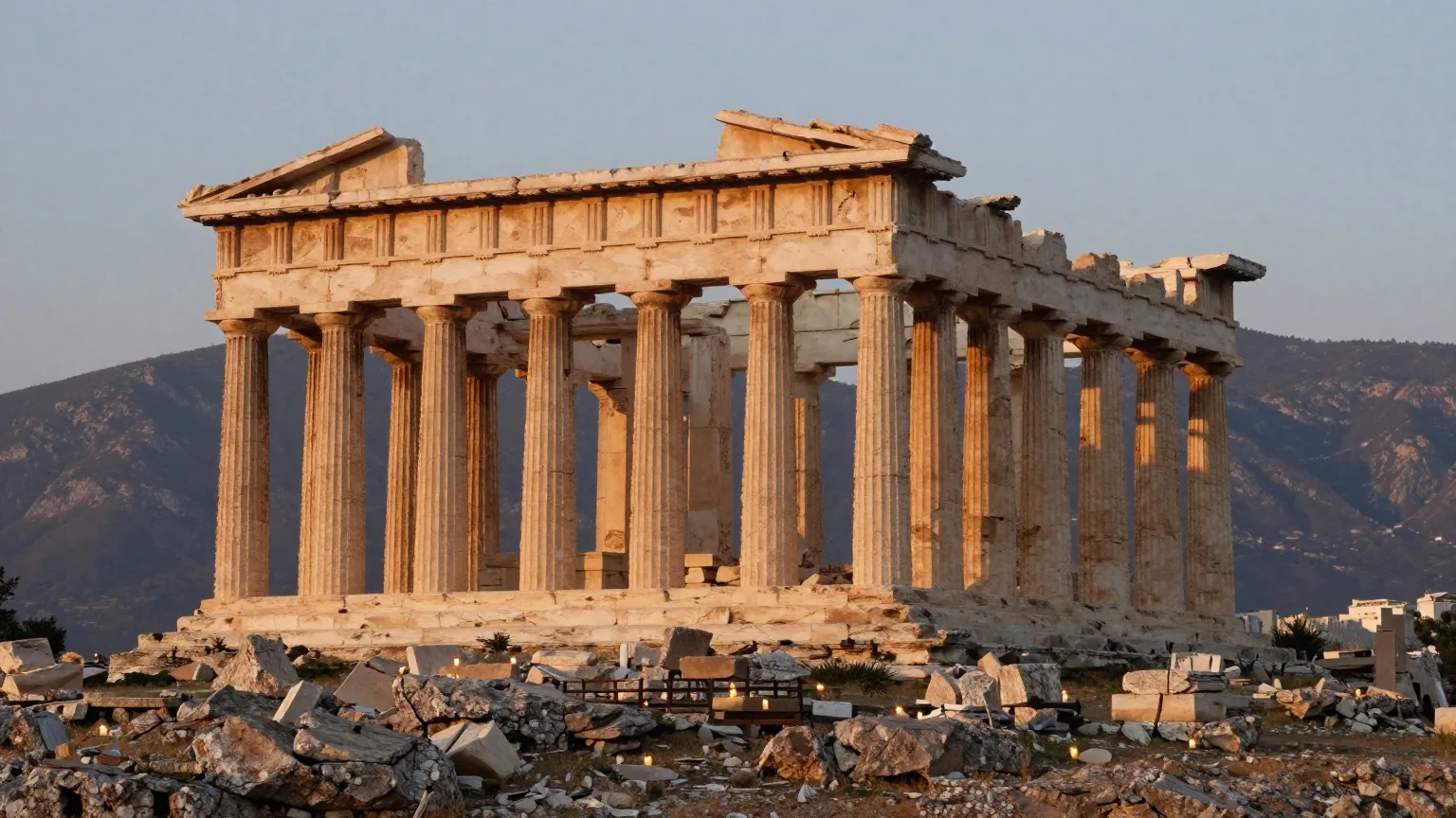 Die Ruine eines antiken griechischen Tempels mit hohen verwitterten Steinsäulen vor einem hohen Berg im Abendlicht