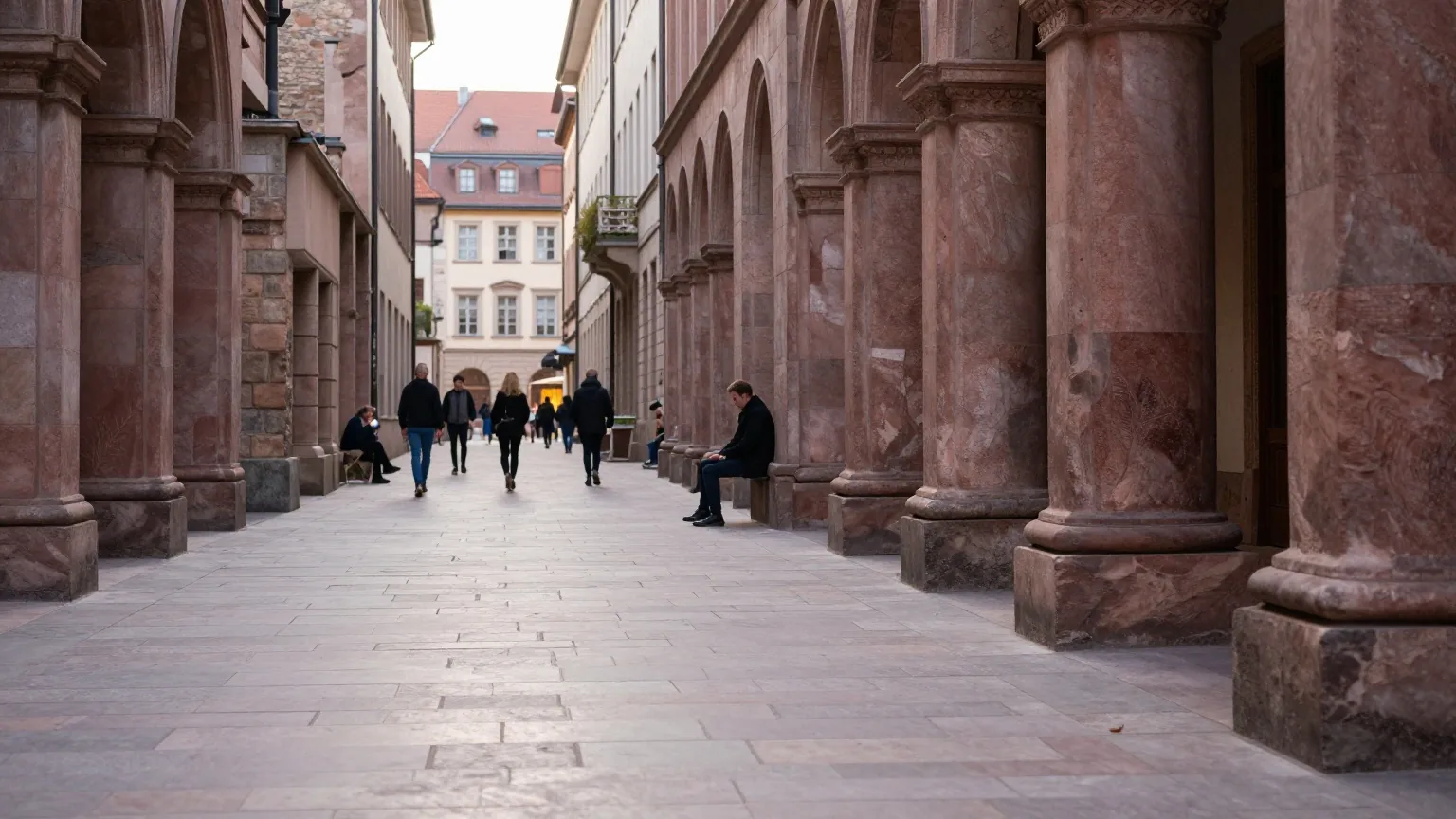 Eine stille antike Marmorstraße mit Steinsäulen und Ruinen von Fassaden im weichen Morgenlicht