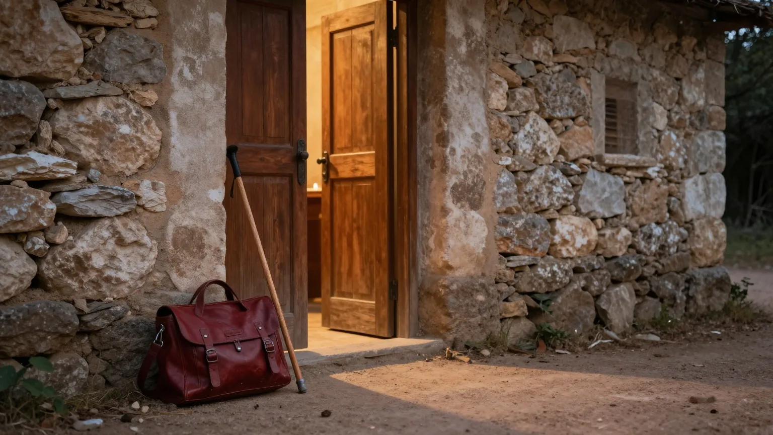 Ein Wanderstab und eine Ledertasche lehnen an der offenen Holztür eines einfachen Steinhauses im warmen Abendlicht