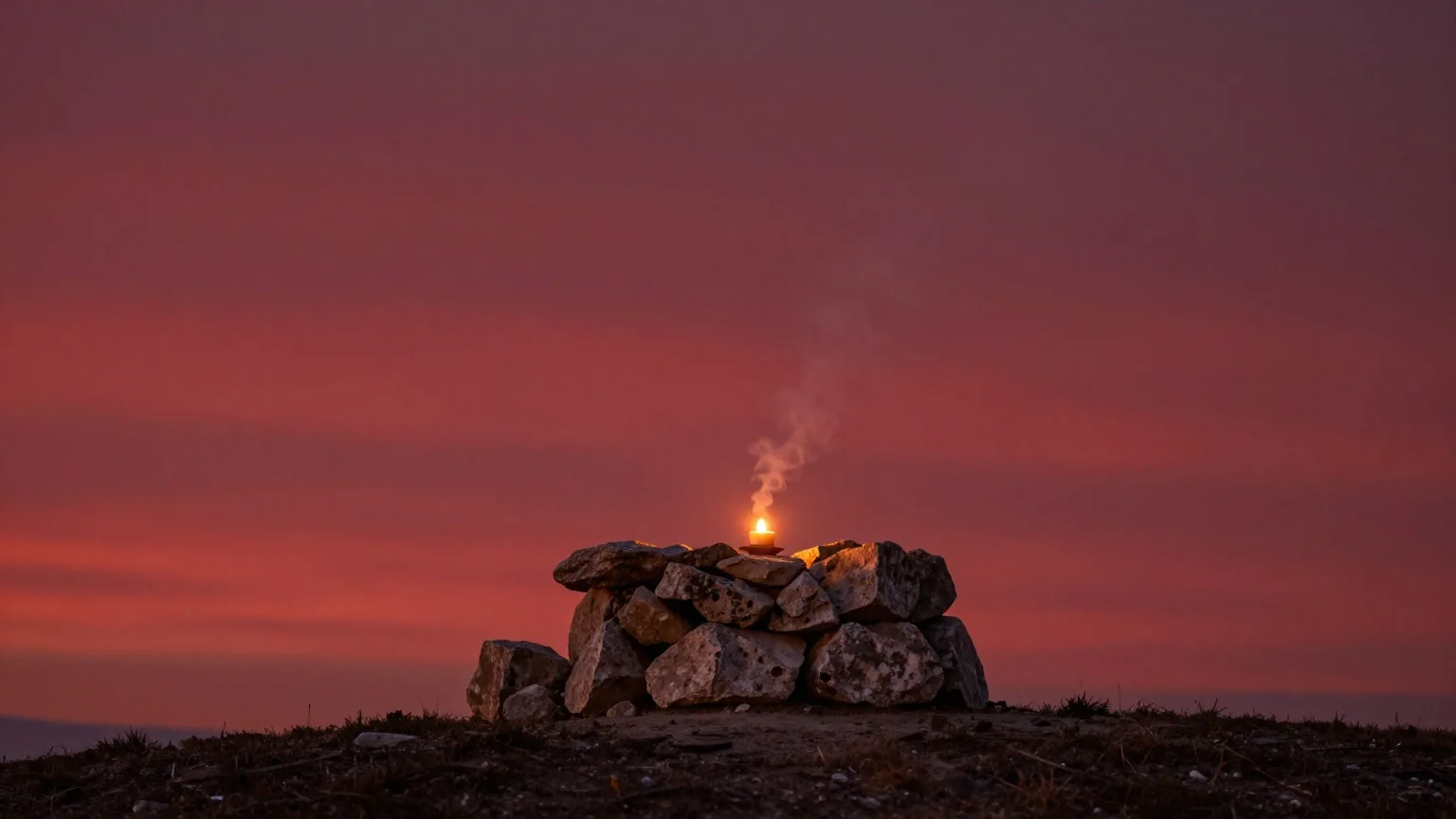 Ein schlichter Altar aus rohen Steinen auf einer kahlen Hügelkuppe in der Dämmerung, dünner Rauch steigt auf