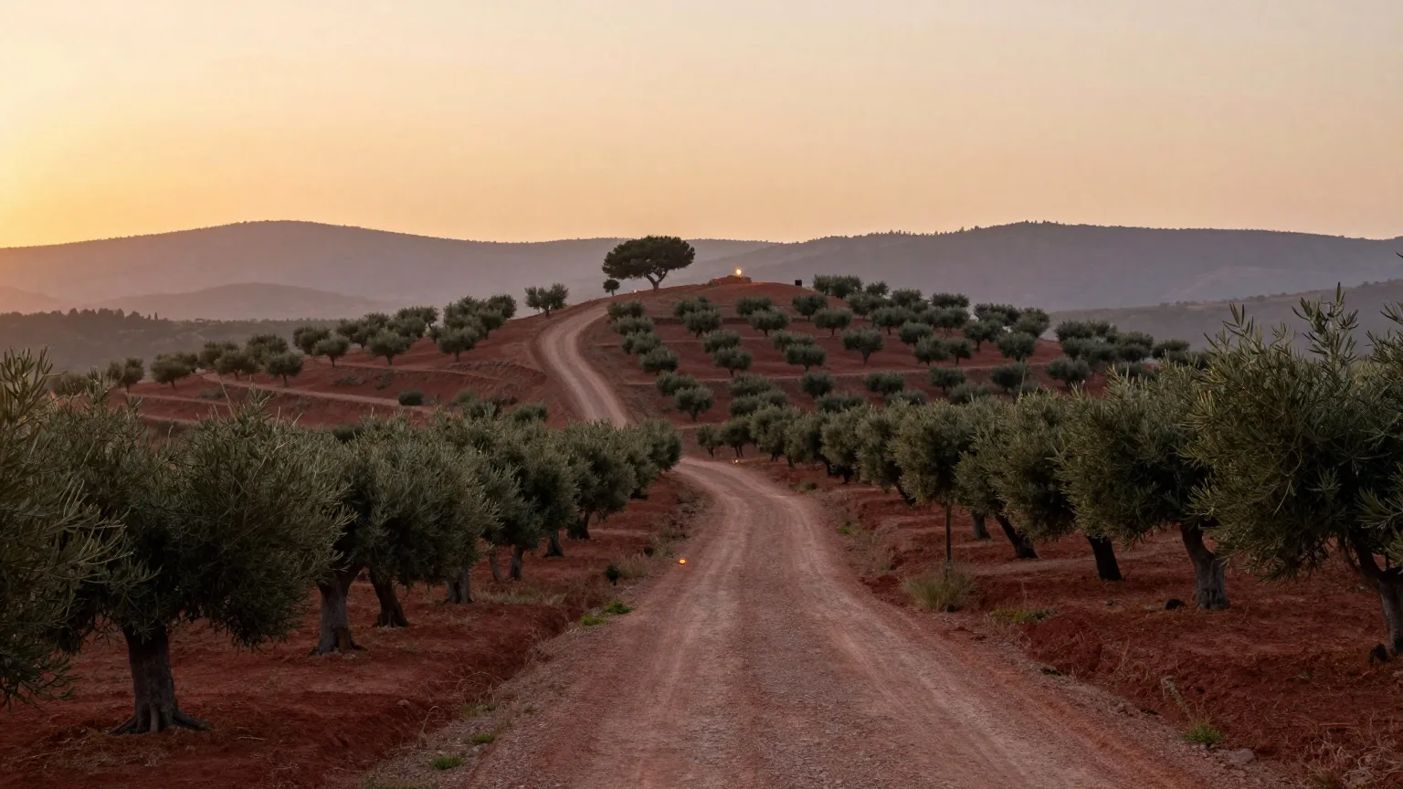 Ein stiller Hügel bei Sonnenaufgang mit Blick auf Olivenhaine auf Terrassen und einen gewundenen Feldweg