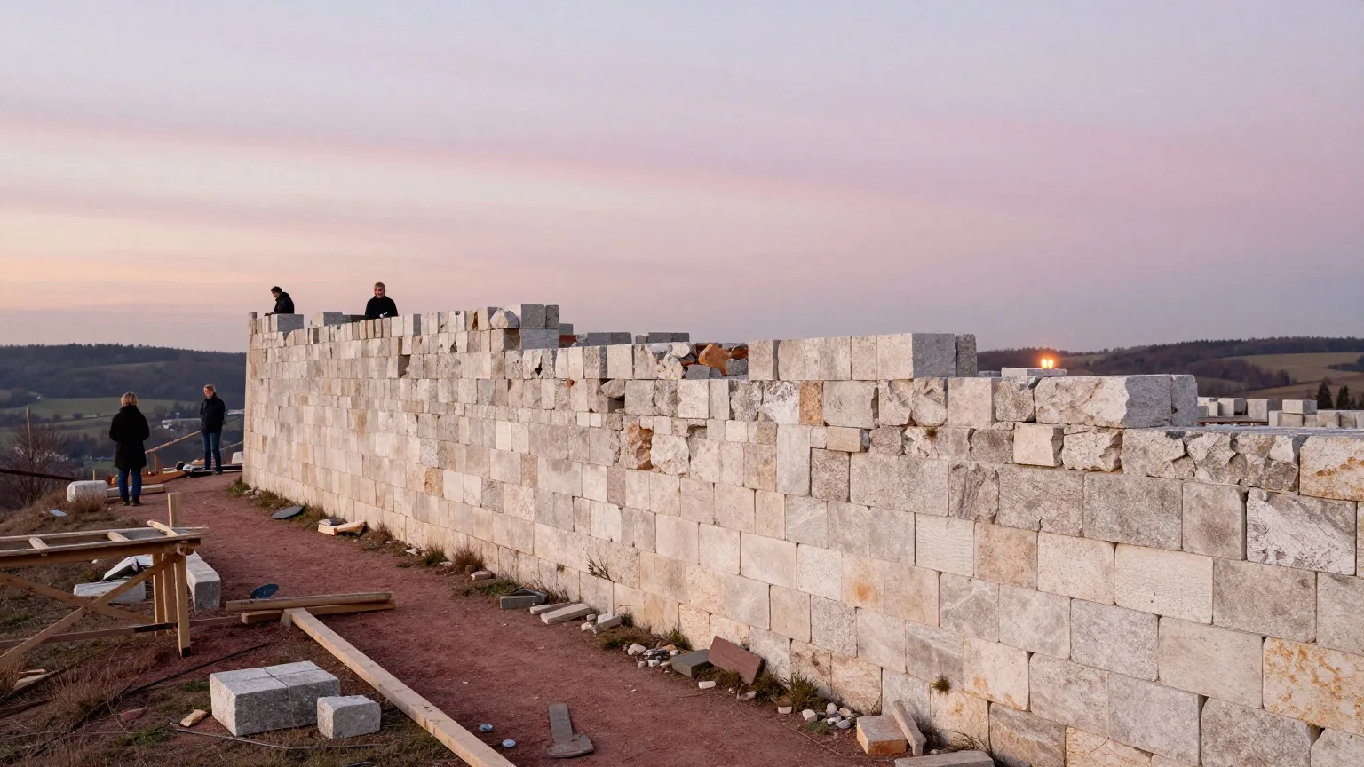 Eine neu aufgebaute Mauer aus hellem Kalkstein auf einem Hügel über einem Tal im Morgenlicht mit Holzgerüst