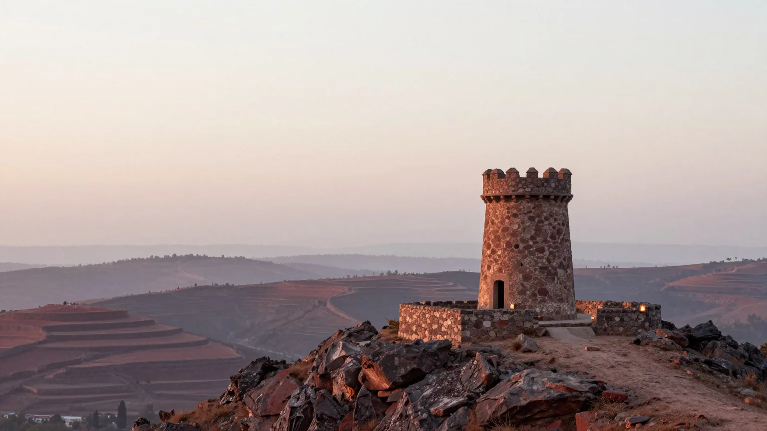 Ein alter steinerner Wachturm auf einer felsigen Anhöhe über terrassierten Hügeln bei Morgendämmerung mit Blick ins Tal