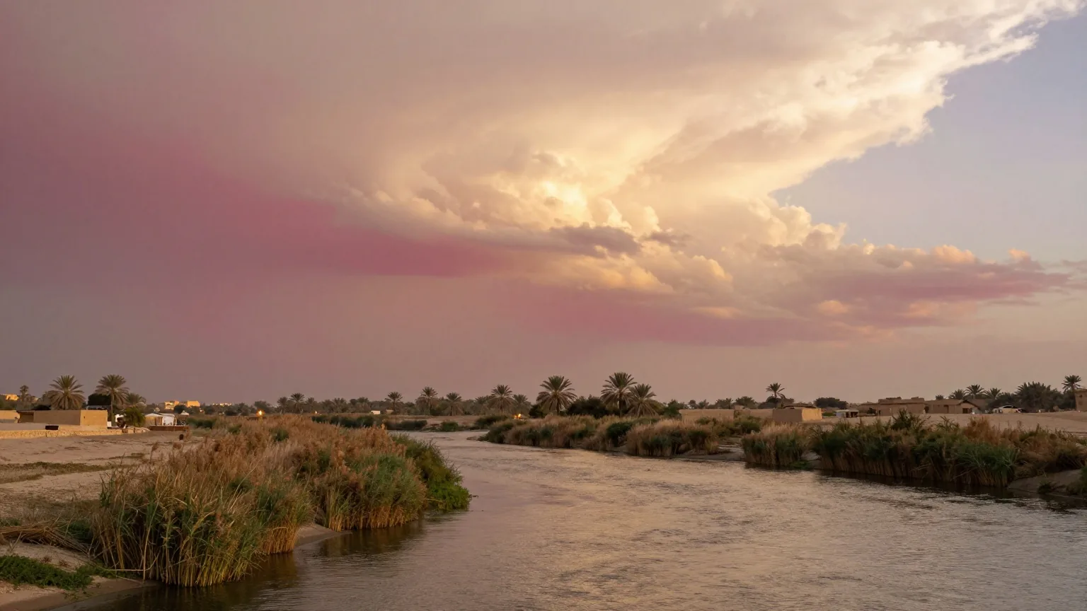 Eine weite Flussebene in Mesopotamien mit einem ruhigen Kanal, Schilf und Dattelpalmen unter einer hell leuchtenden Wolke
