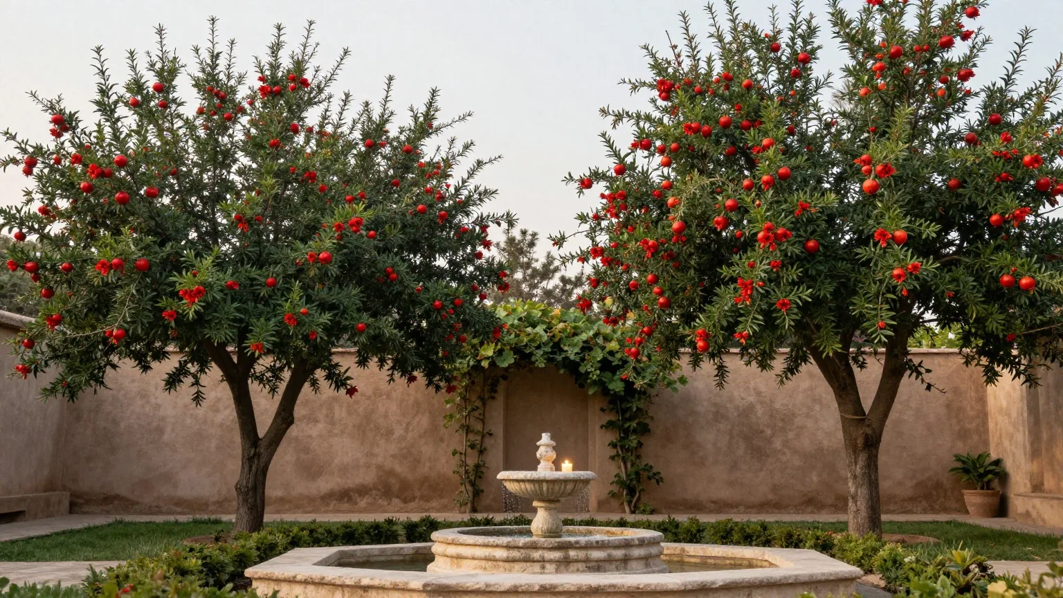 Ein ummauerter Garten im späten Frühling mit blühenden Granatapfelbäumen, einem kleinen Steinbrunnen und Ranken im Morgenlicht