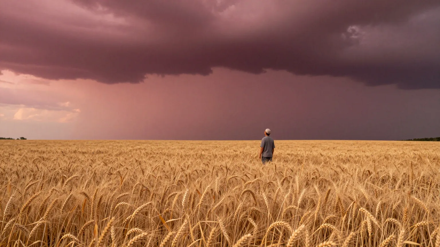 Ein trockenes Weizenfeld am Ende des Sommers, ein etwa fünfzigjähriger Landwirt blickt zu aufziehenden Regenwolken, warmes Abendlicht