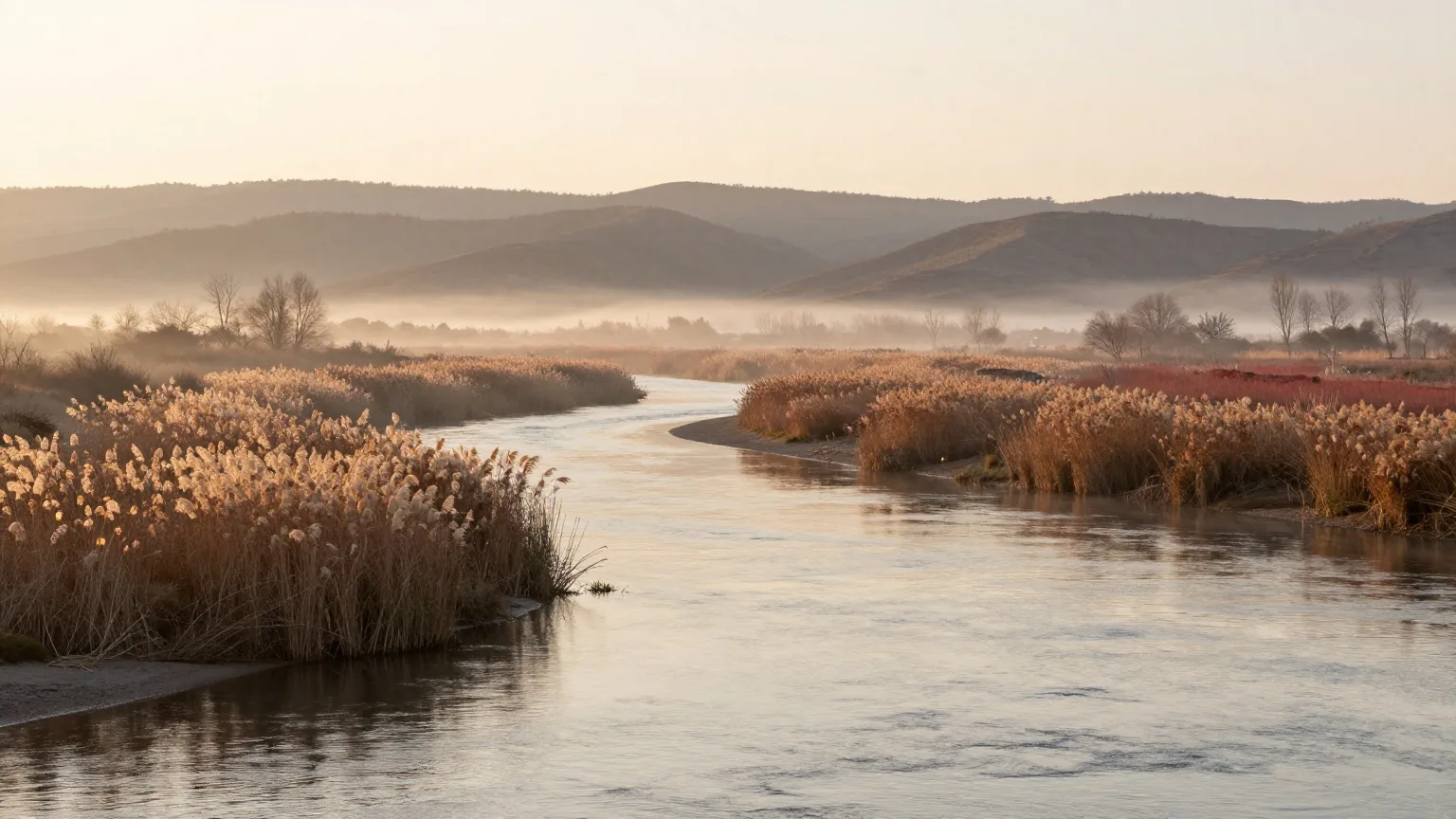 Das Jordantal bei Sonnenaufgang mit einem flachen Fluss zwischen Schilf und hellen Hügeln, Nebel liegt über dem Wasser