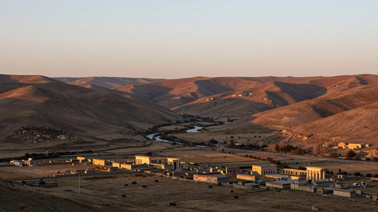 Ein weites Flusstal im Westen Anatoliens im goldenen Abendlicht mit niedrigen Hügeln, verstreuten antiken Steinruinen und Weideland