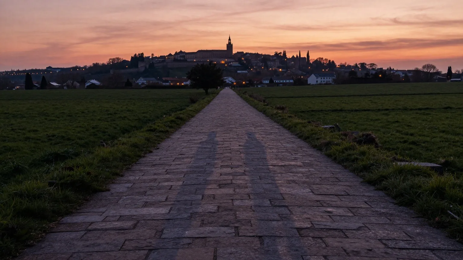 Ein ruhiger Steinweg führt durch ein grünes Tal zu einer fernen ummauerten Stadt auf einem Hügel bei Sonnenuntergang