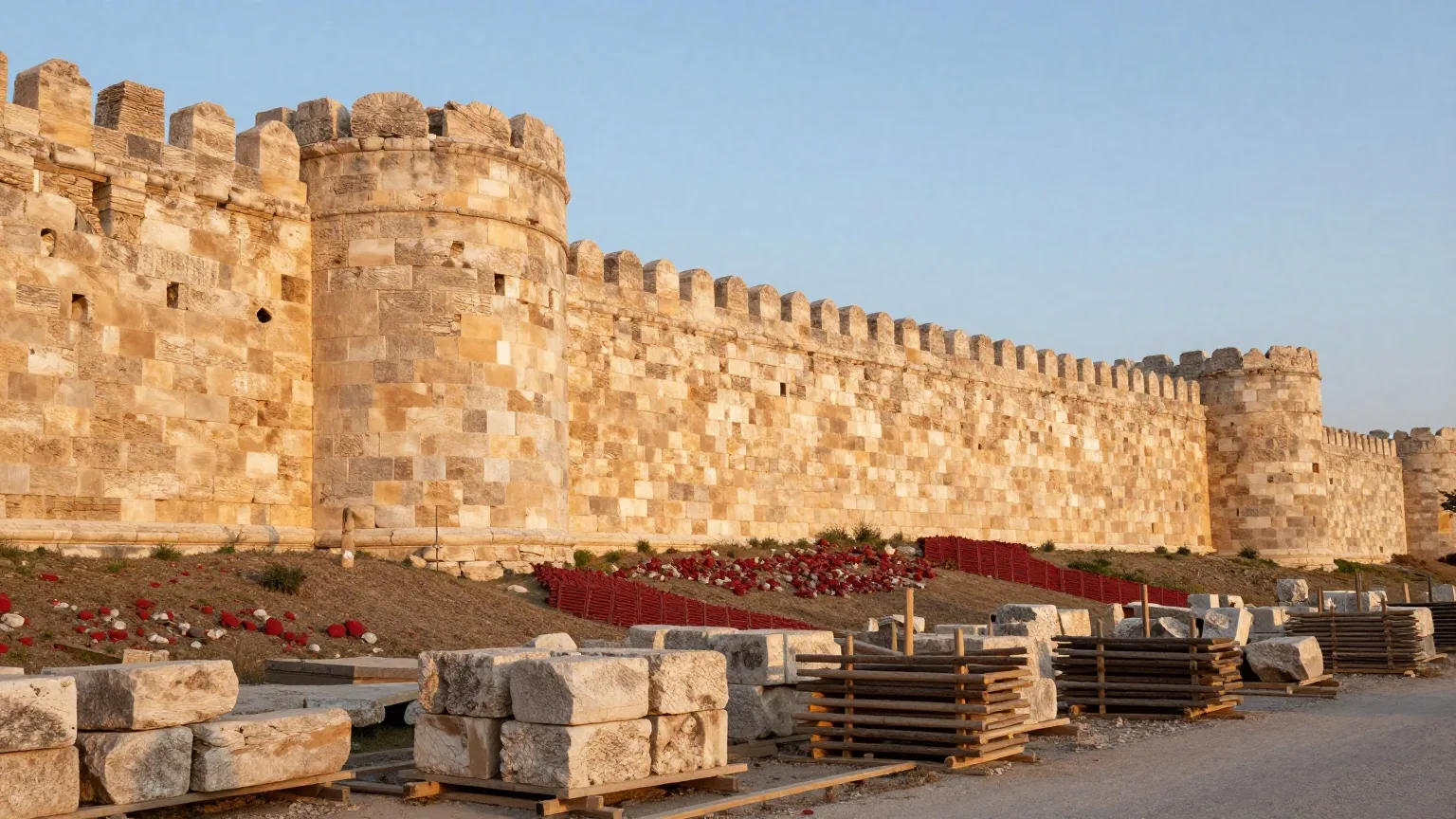 Eine alte Stadtmauer aus großen hellen Kalksteinblöcken an einem Hang im goldenen Abendlicht, davor Holzgerüste und Steinhaufen