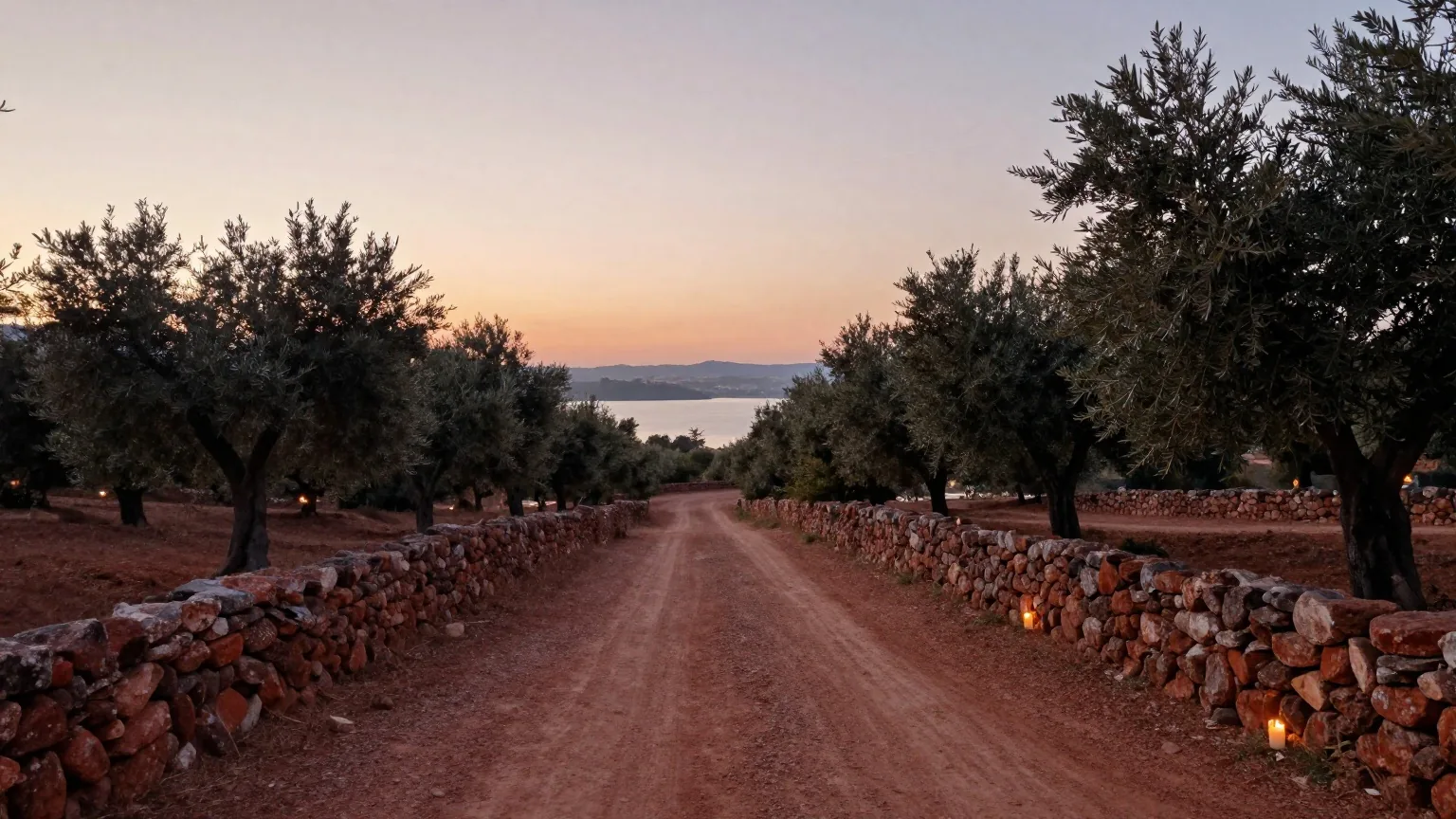 Ein Feldweg führt durch ein Tal mit Olivenbäumen und niedrigen Steinmauern auf einen fernen See zu, Sonnenaufgang
