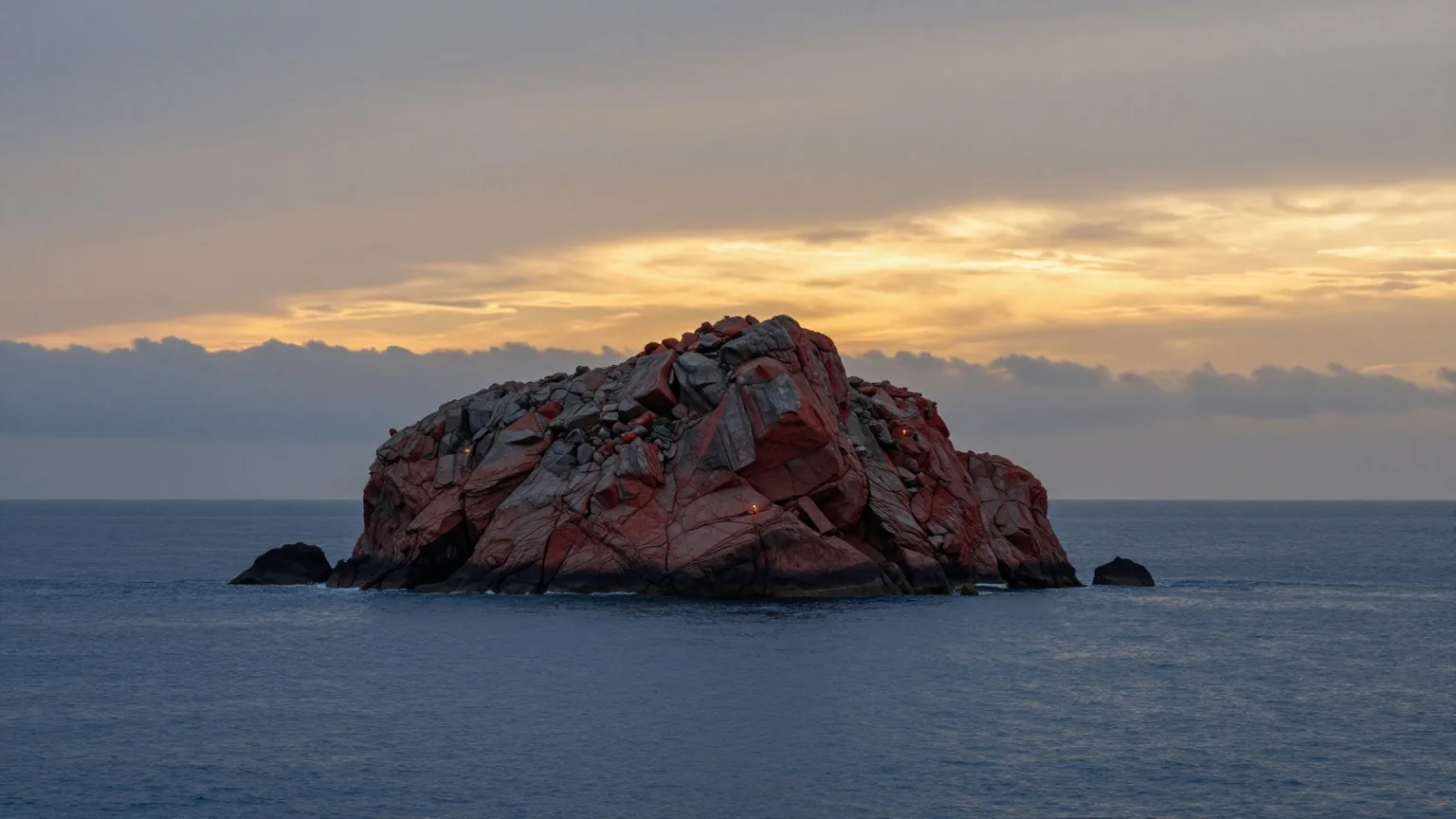 Eine schroffe Felseninsel ragt bei Tagesanbruch aus einem ruhigen tiefblauen Meer, goldenes Licht bricht durch Wolkenschichten