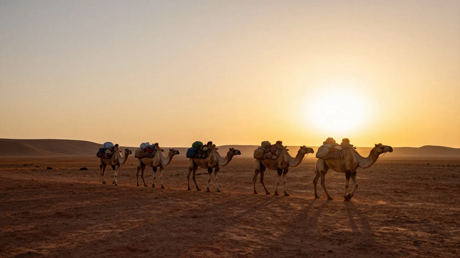 Eine Karawane aus Kamelen und Eseln mit Zelten und Bündeln zieht bei Sonnenuntergang durch eine trockene Hügelsteppe