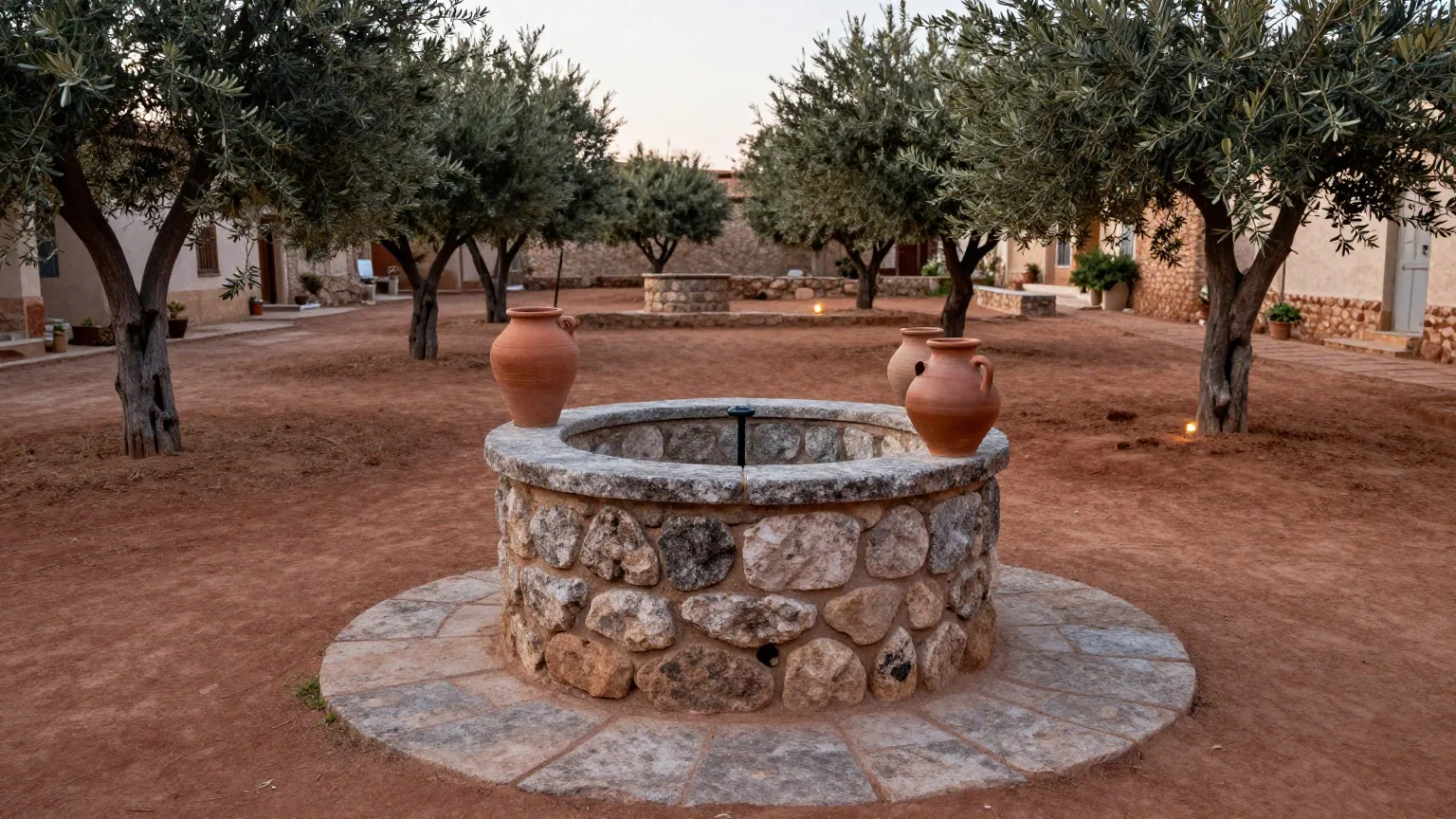 Ein alter Steinbrunnen auf einem trockenen Dorfplatz in der Morgendämmerung mit Wasserkrügen aus Ton auf dem Rand und Olivenbäumen