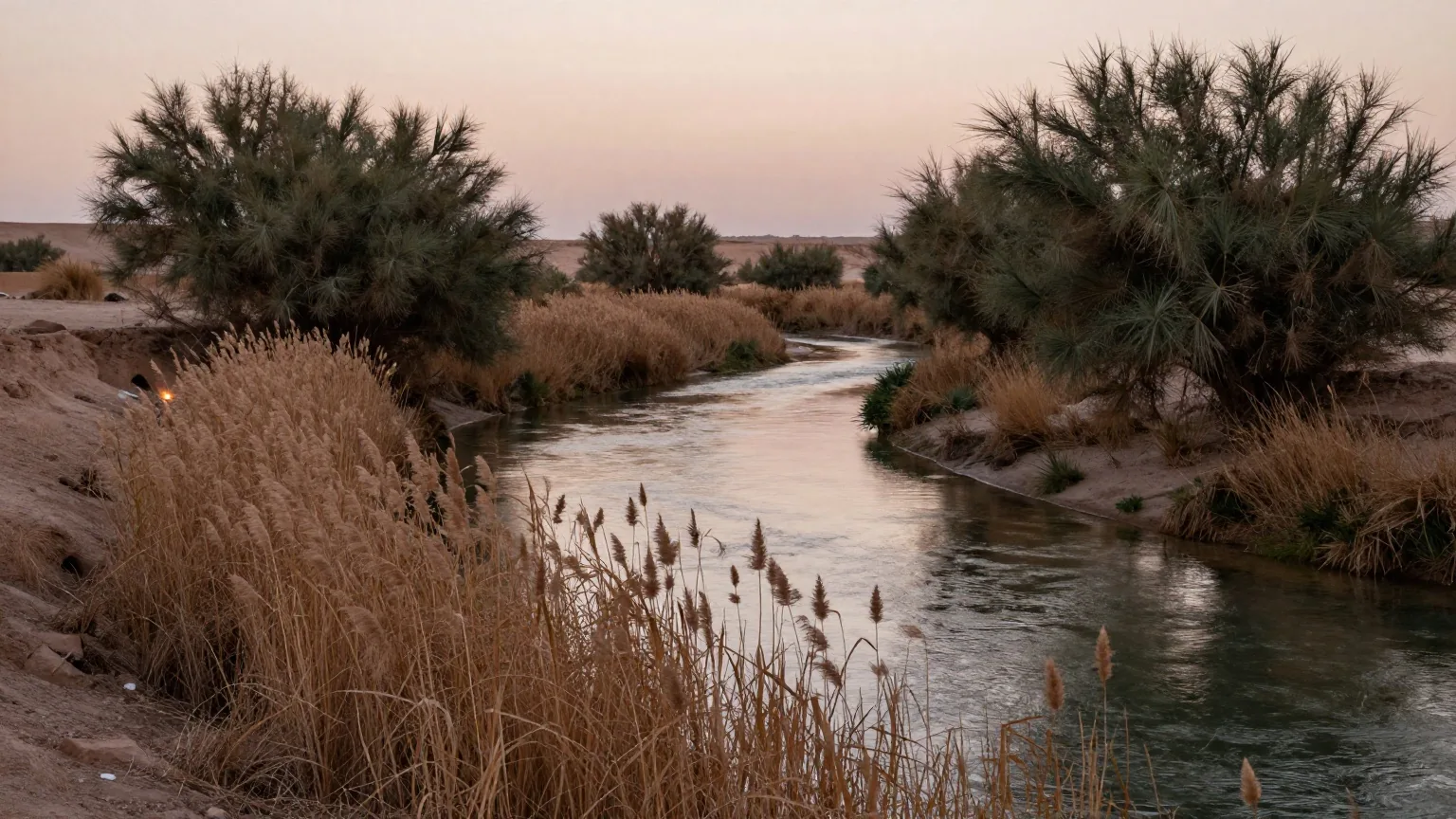 Eine ruhige Biegung eines schmalen Flusses mit Schilf und Tamarisken an beiden Ufern im trockenen Jordantal im Abendlicht