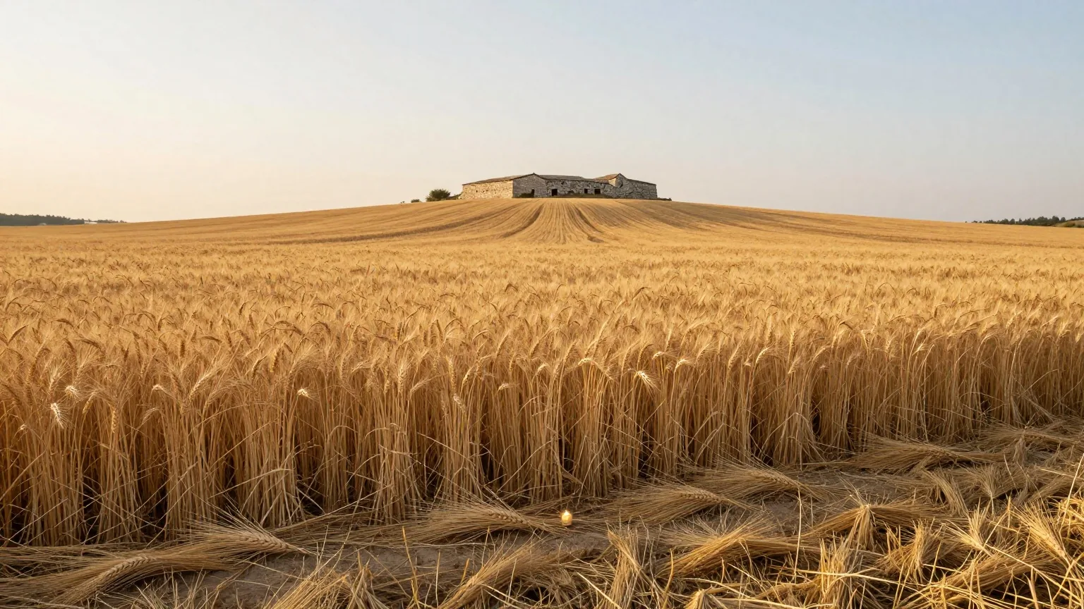 Ein goldenes Gerstenfeld zur Erntezeit vor einer kleinen Hügelstadt aus hellem Stein, auf dem Boden liegen Garben