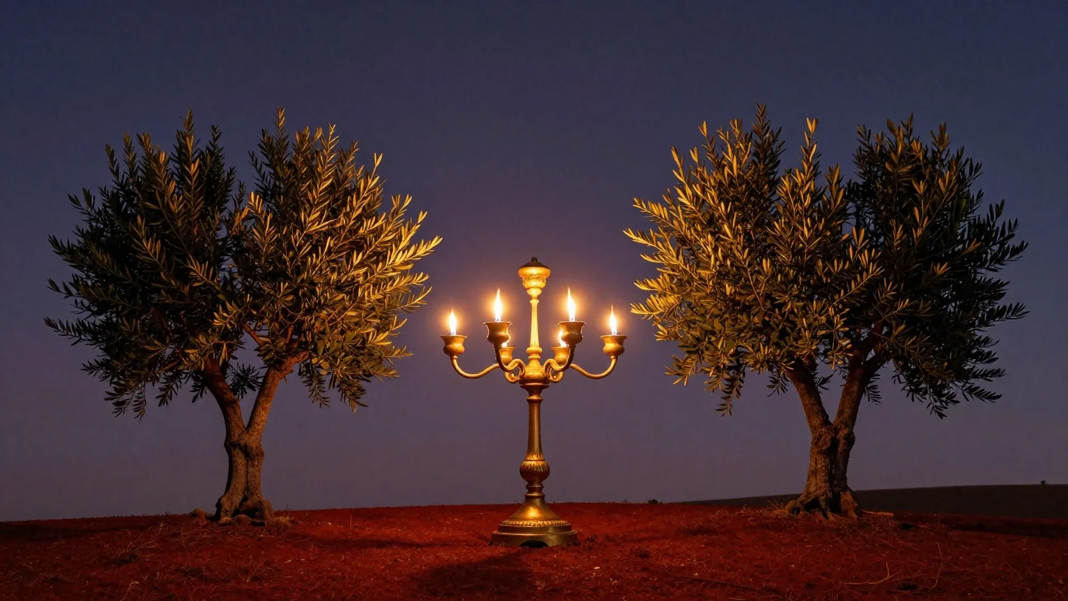 Ein goldener Leuchter mit sieben Lampen zwischen zwei Olivenbäumen an einem stillen Hang bei Nacht unter Sternen