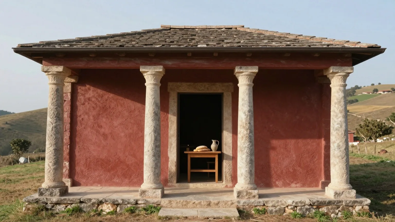Ein kleines Steinhaus mit sieben behauenen Säulen am Eingang an einem sonnigen Hang, im Eingang ein gedeckter Holztisch