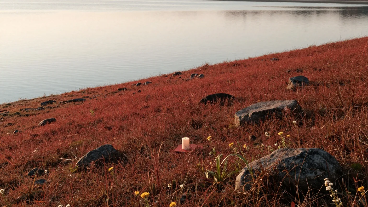 Ein sanfter grasbewachsener Hang fällt im weichen Morgenlicht zu einem ruhigen See ab, davor Steine und Wildblumen
