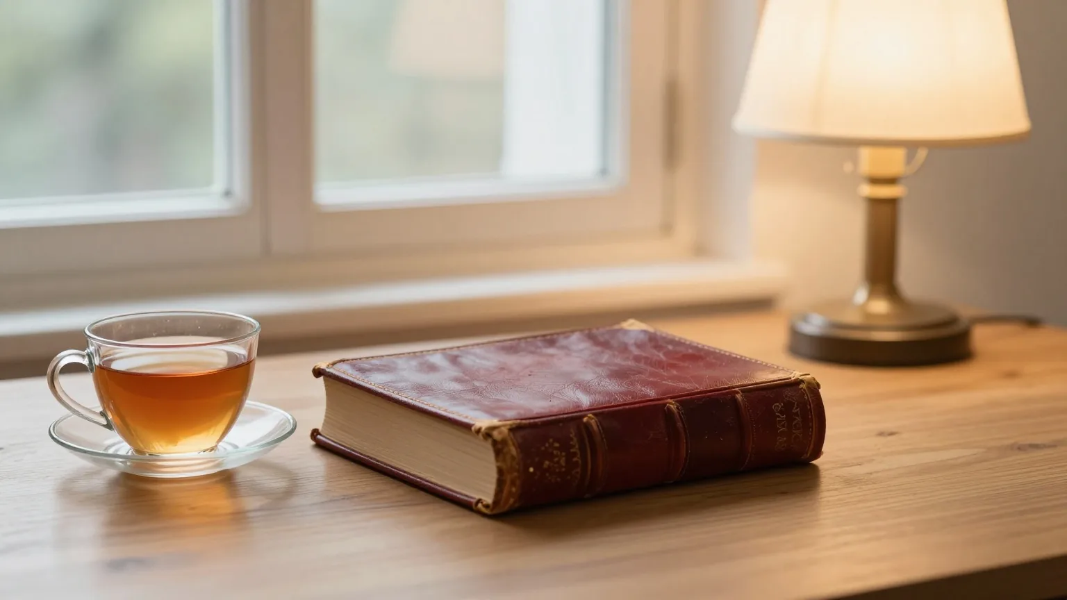 Ein alter geschlossener Lederband liegt auf einem Holztisch neben einer Tasse Tee und einer Leselampe im Abendlicht