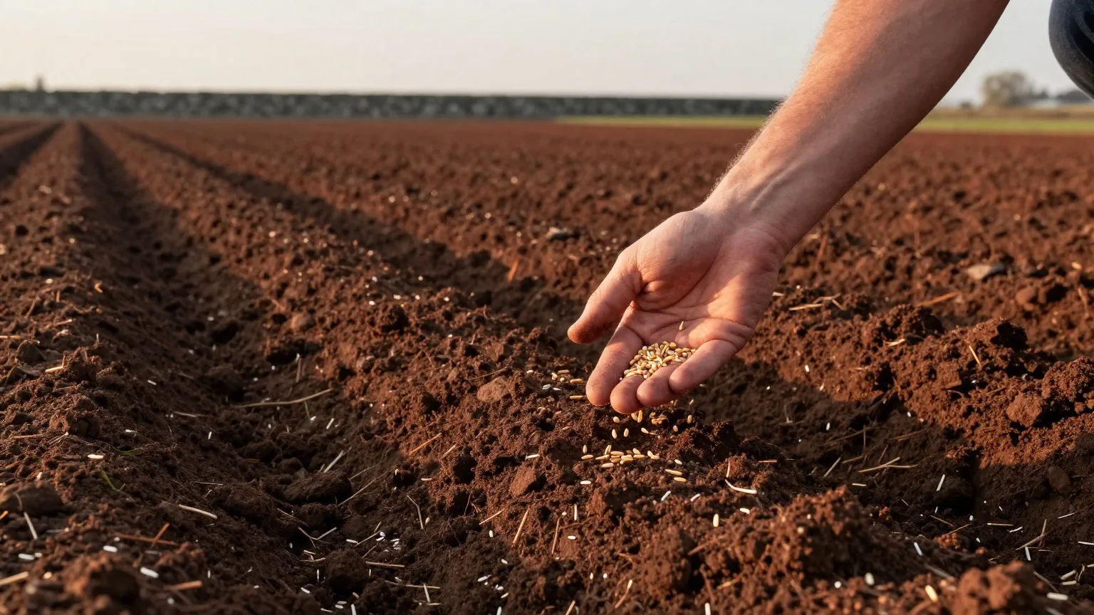 Eine Hand streut Saatkörner über ein frisch gepflügtes Feld bei Sonnenaufgang, dunkle Erdfurchen und eine niedrige Steinmauer