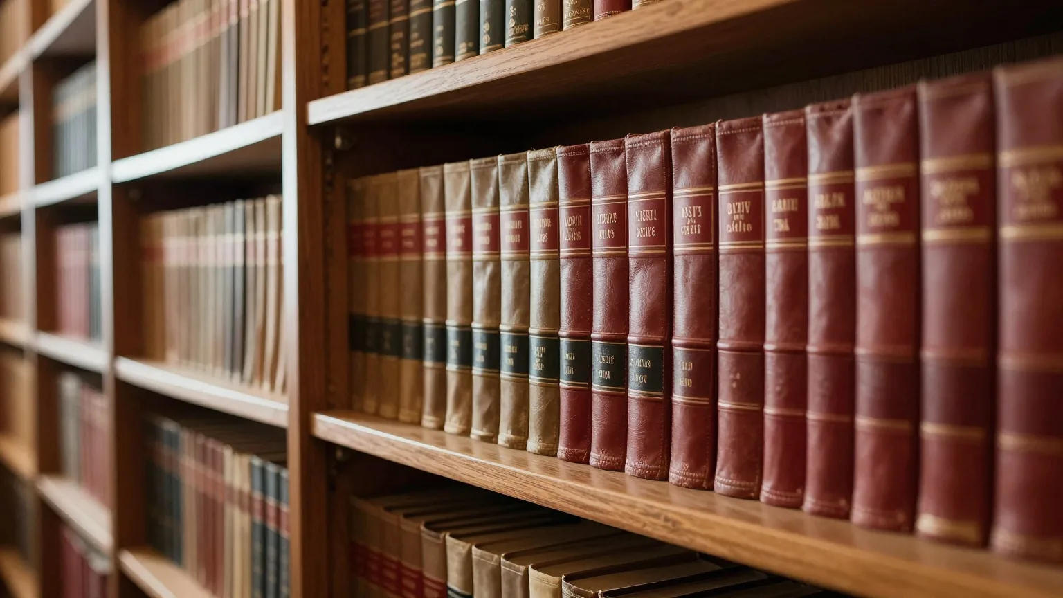 Ein langes Holzregal in einer stillen alten Bibliothek mit geschlossenen Lederbänden unterschiedlicher Höhe im warmen Seitenlicht