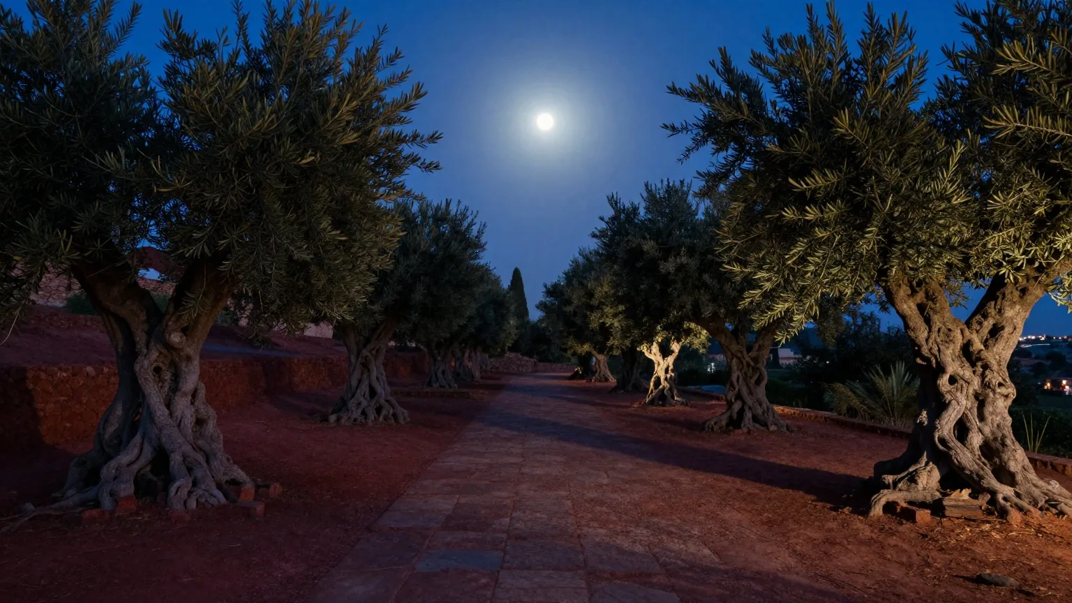 Alte knorrige Olivenbäume in einem ummauerten Garten am Hang bei Nacht im fahlen Mondlicht mit leerem Steinweg
