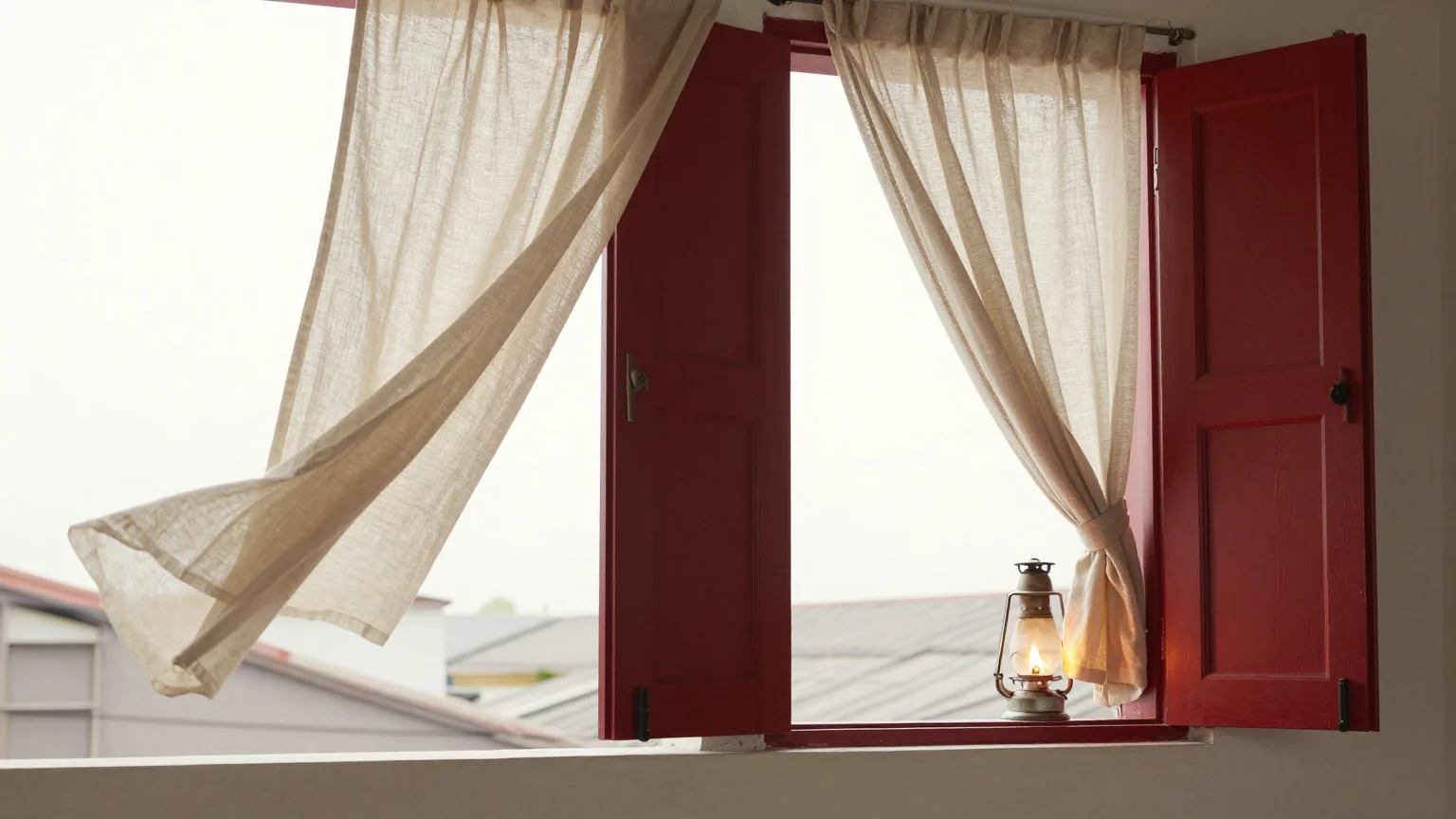 Ein helles Obergemach mit offenen Fensterläden, Wind bläst Leinenvorhänge herein und kleine Öllampen flackern im Morgenlicht