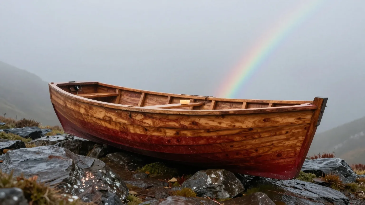 Ein großes kastenförmiges Holzschiff liegt nach dem Regen an einem nebligen Berghang unter einem schwachen Regenbogen