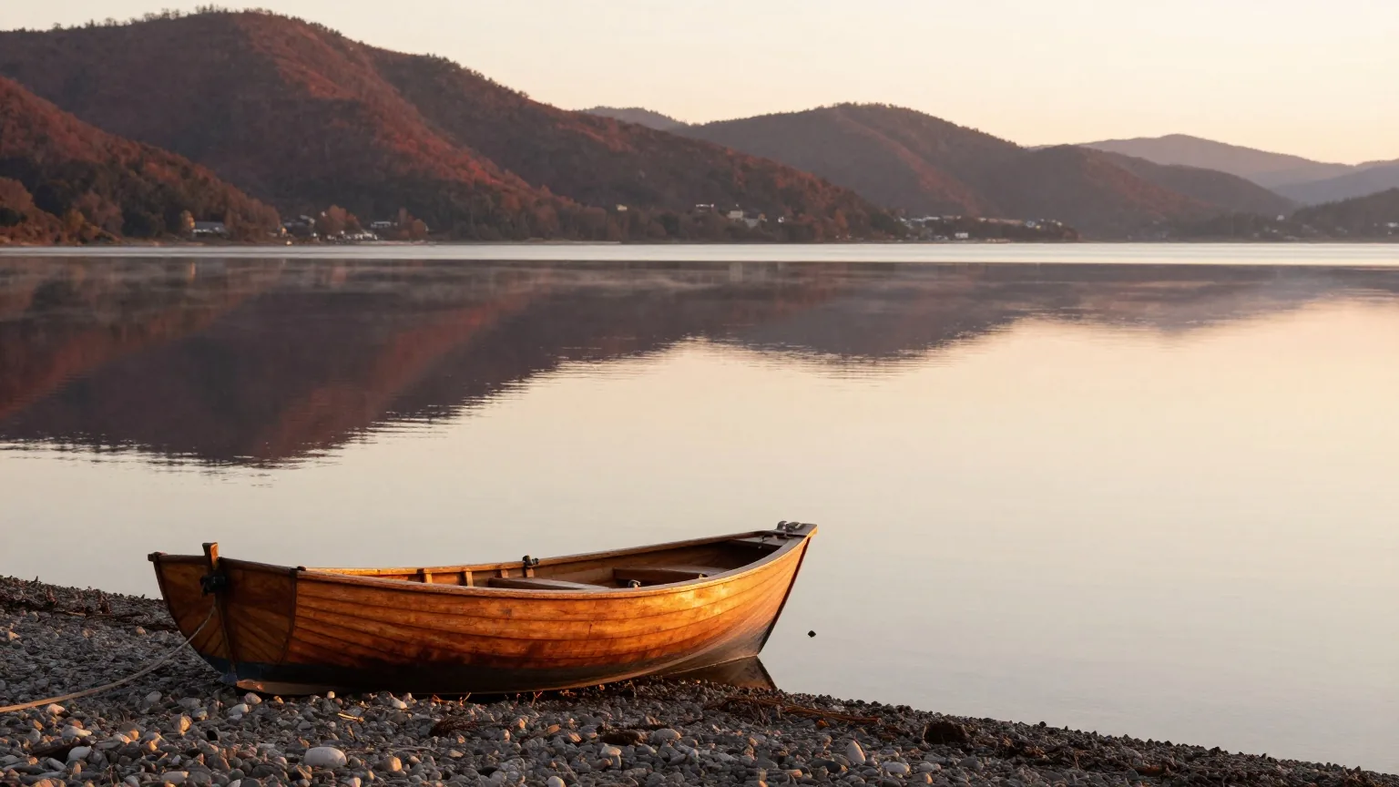Ein ruhiger See bei Sonnenaufgang, ein kleines hölzernes Fischerboot liegt am Kieselufer, Hügel spiegeln sich im Wasser