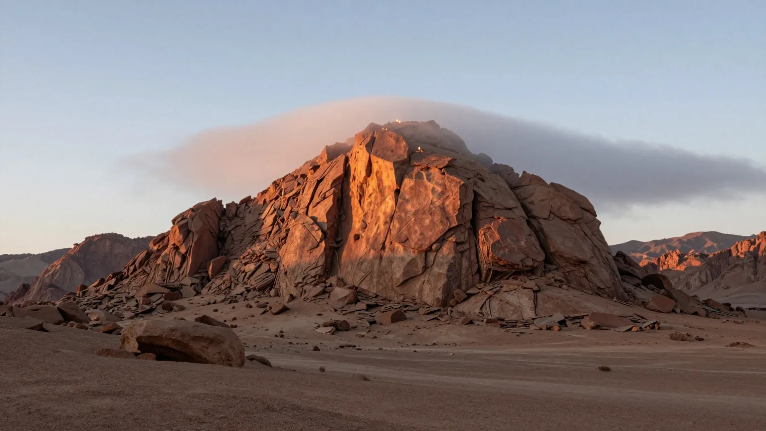 Ein schroffer Granitgipfel im Morgengrauen über einem trockenen Wüstental, tiefe Wolken umgeben die Spitze