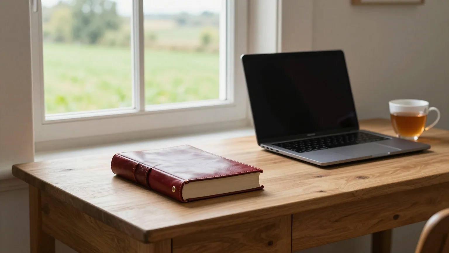 Aufgeräumter Schreibtisch am Fenster eines Dorfhauses mit geschlossenem Lederband, zugeklapptem Laptop und Teetasse, draußen grüne Felder