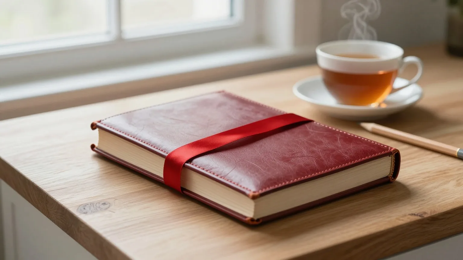 Ein geschlossener Lederband mit rotem Seidenband liegt neben einer Tasse Tee und einem Bleistift auf einem Holztisch im Morgenlicht