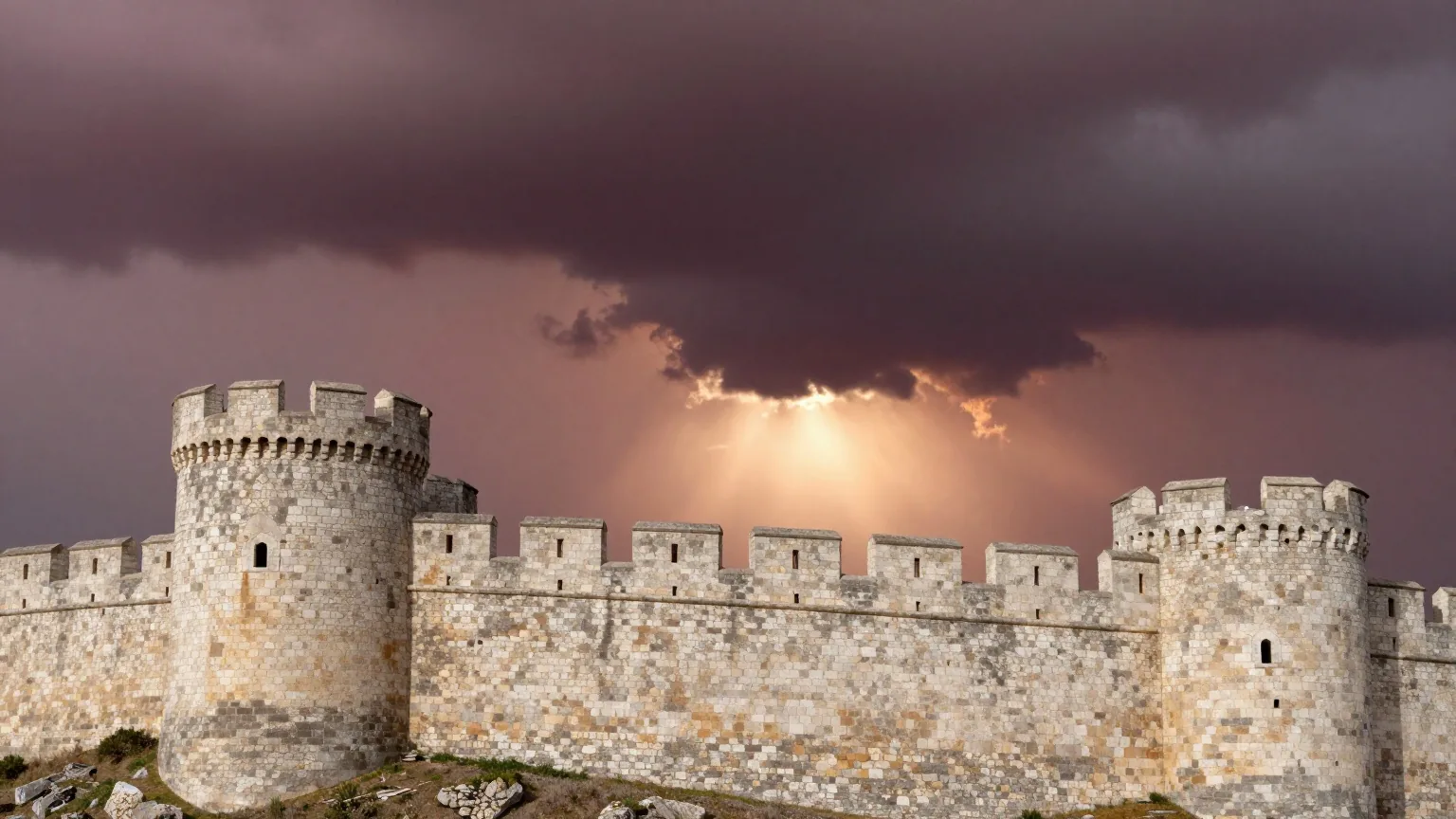 Dunkle Gewitterwolken ziehen über Mauern und Türme einer alten Stadt aus hellem Stein auf einem Hügel
